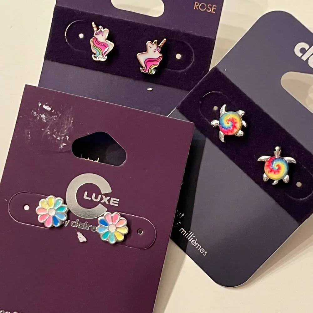 Claire’s & Luxe by Claire’s Stud Earrings‎ Trio Unicorns, Flowers & Turtles! 🦄
